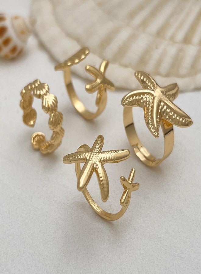 KURTCB Seashell Starfish Rings Set Gold Silver Summer Beach Surfer Conch Stacking Rings Beachy Jewelry for Women 4PCS (Gold) - Image 2